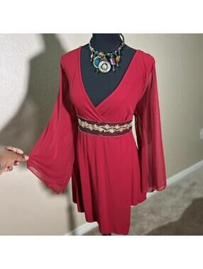 Vintage Libian Y2K Red Fairycore Cinched Waist Boho Bell Sleeve Blouse Top